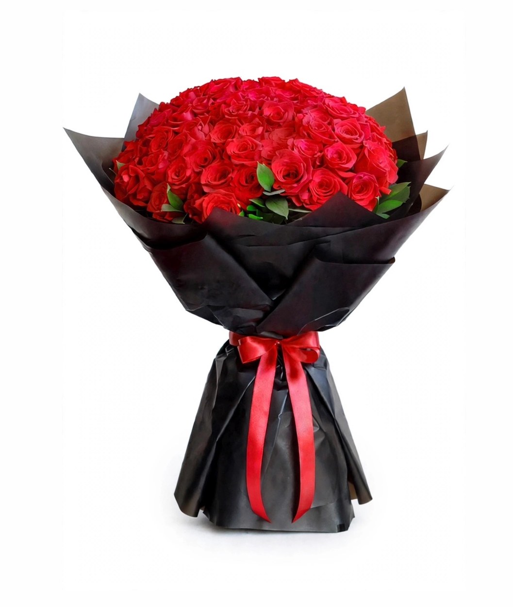 Noir Devotion — one hundred red roses in a black-wrapped dome bouquet